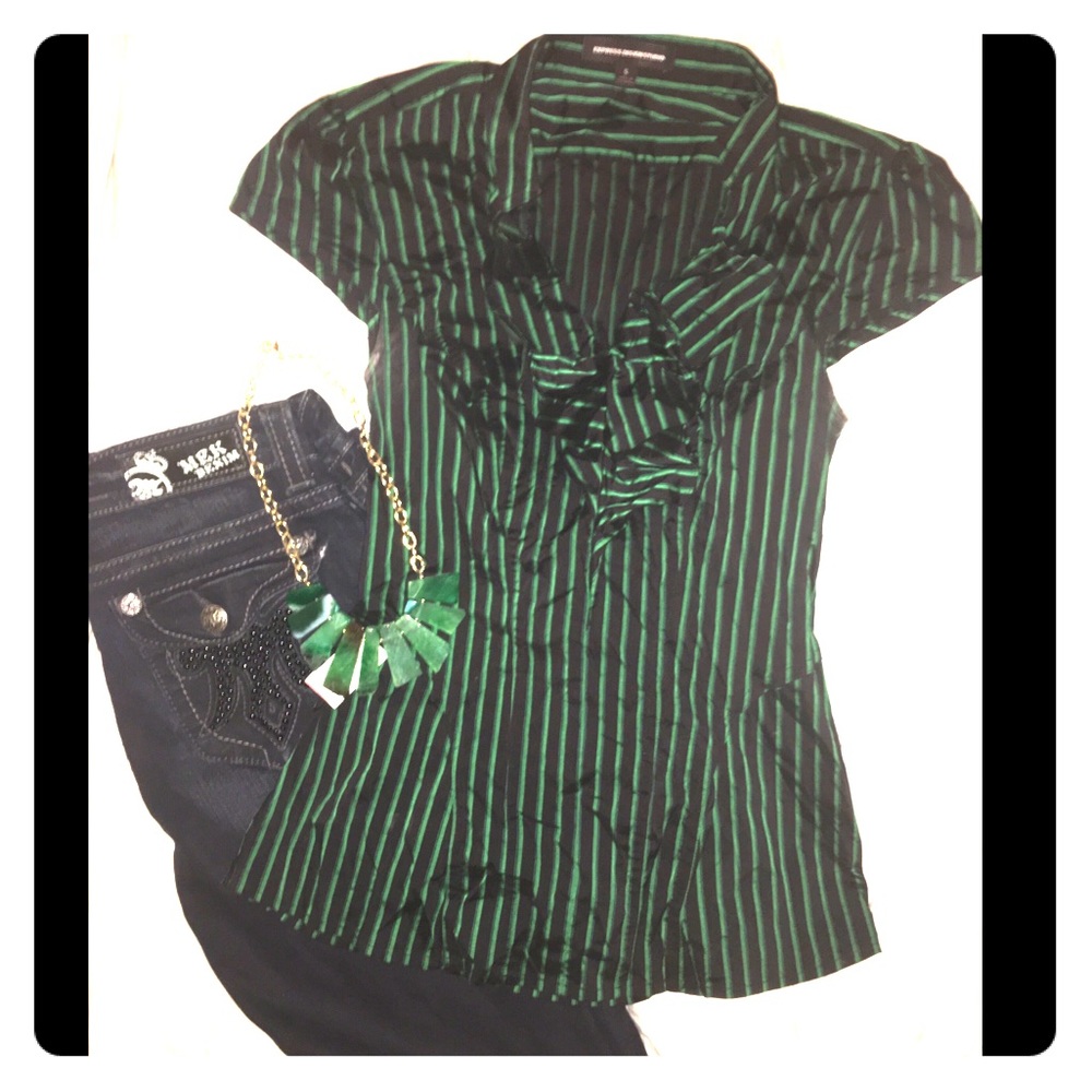 Express Green and Black stripe faux Button top - Picture 1 of 8